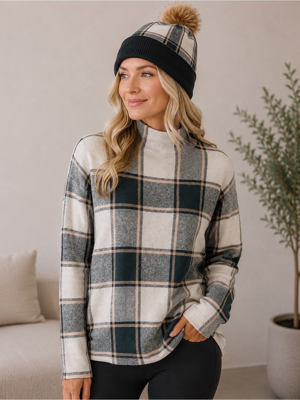 Plaid Mock Neck Sweater With Matching Hat - Cream & Dark Green